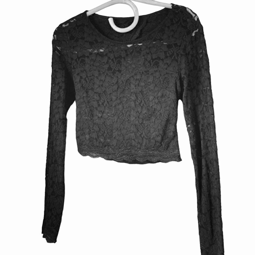 Express Black Lace Long Sleeve Open Back Crop Top Size XS